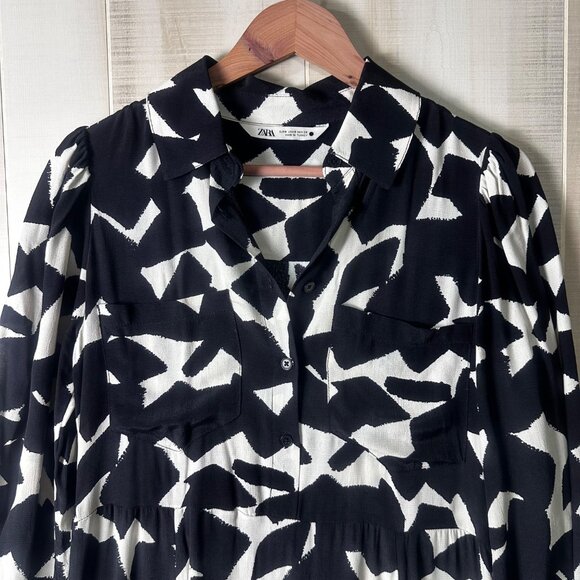 Zara Midi Dress Black & Cream Abstract Print Viscose Button Front Long Sleeve S - Picture 9 of 12